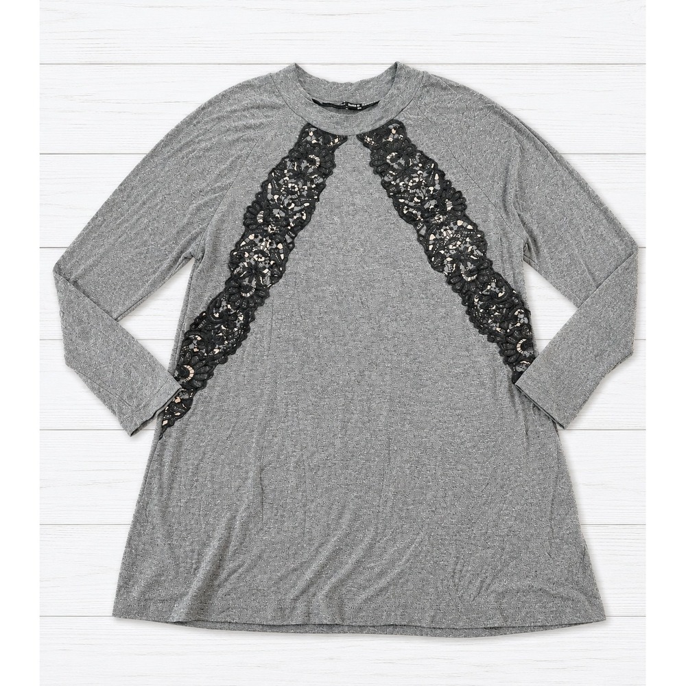 Zara Woman Gray Heathered Long Sleeve Top with Black Floral Lace Trim Goth Small